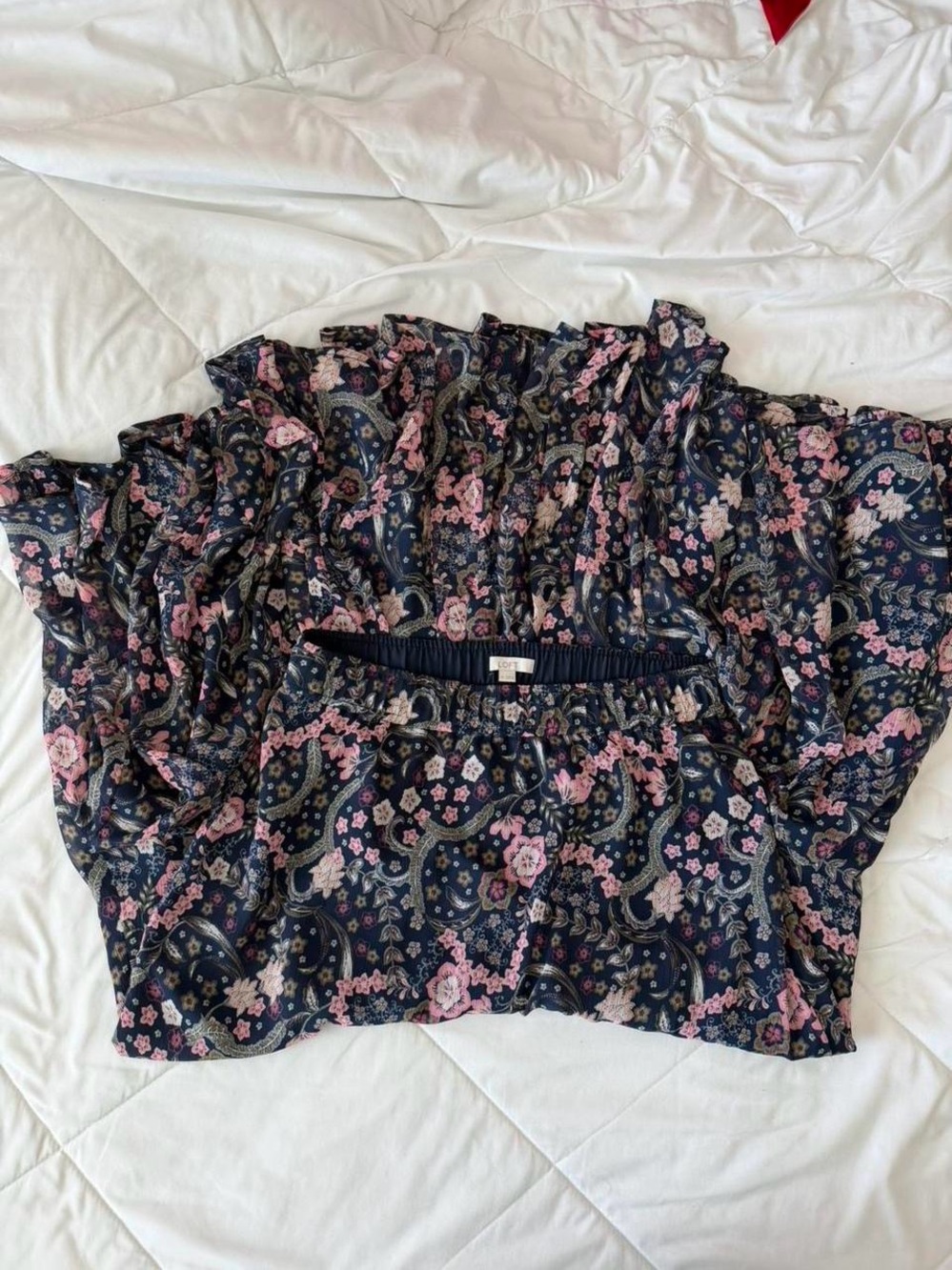 LOFT Navy Maxi Skirt with Pink and Green Floral Print